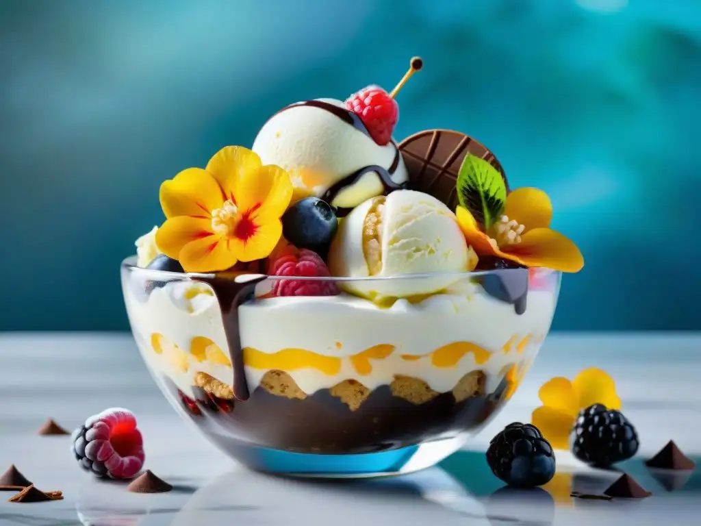 Un helado sin gluten creativo, con frutas frescas, chocolate y flores, en un tazón de cristal