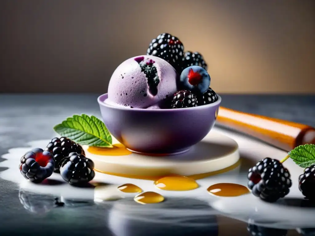 Un helado sin gluten creativo: bola de taro morado con moras frescas, menta y miel en mármol