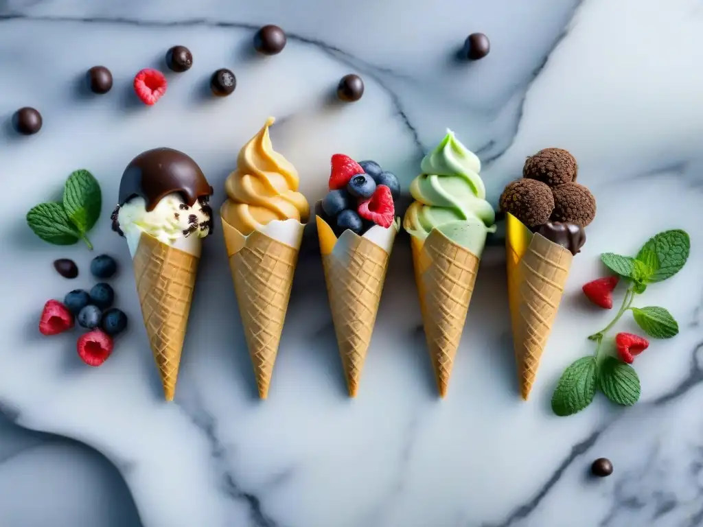 Helados sin gluten creativos con frutas, hojas de menta y decoración de oro comestible en un elegante mostrador de mármol