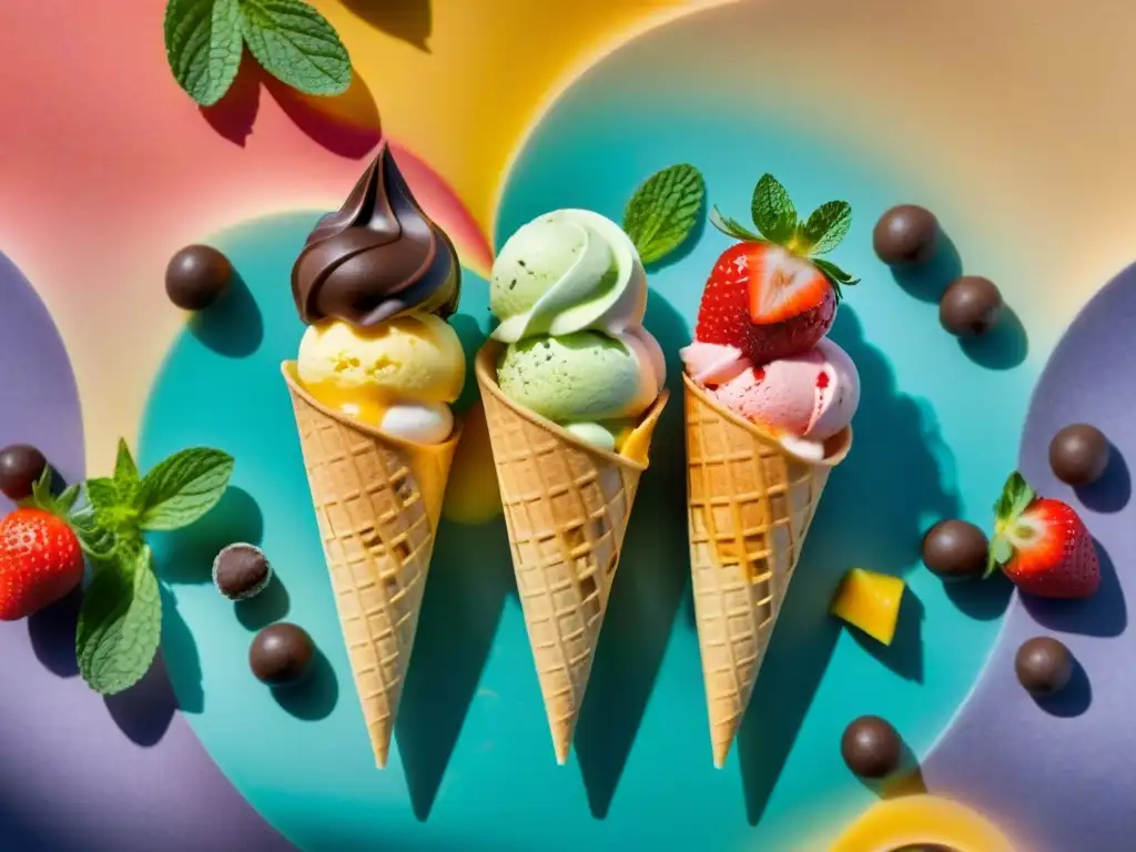 Helados sin gluten verano: Deliciosos helados caseros en cucuruchos rústicos con frutas frescas y chocolate en jardín soleado