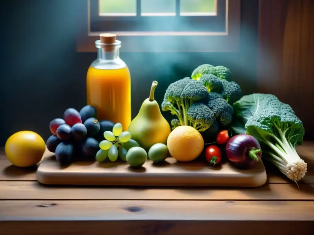 Una hermosa composición de frutas y verduras coloridas en tabla de madera, con hierbas y especias, bañadas por la luz del sol