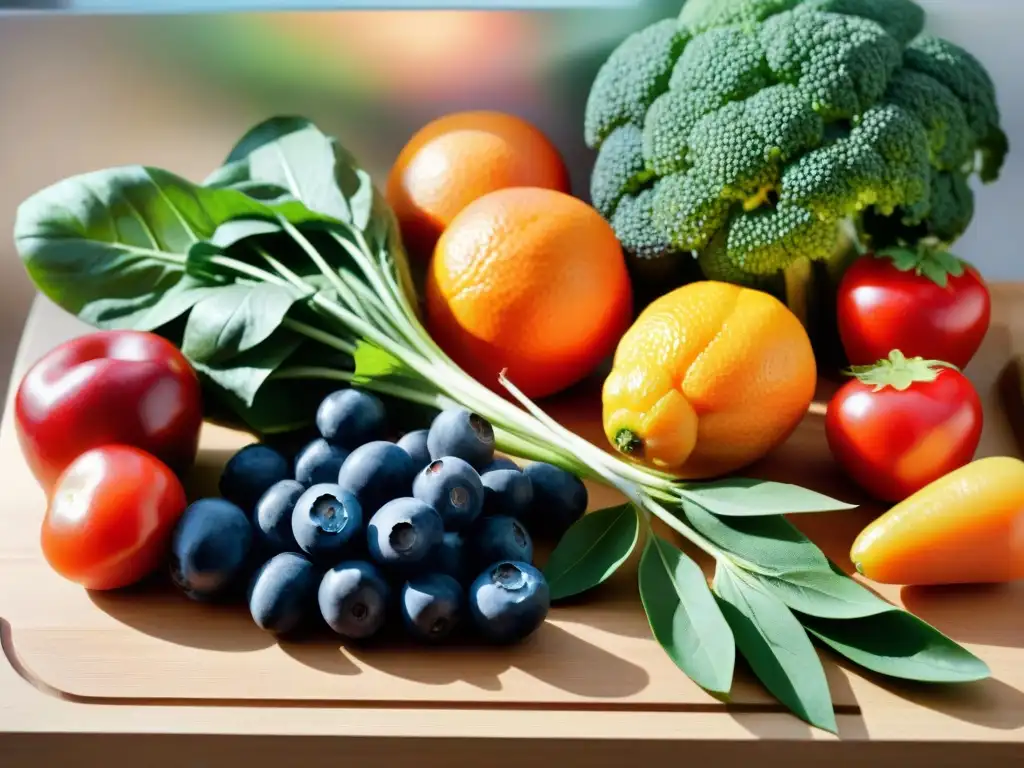 Una hermosa composición de frutas y verduras frescas en tabla de cortar de madera