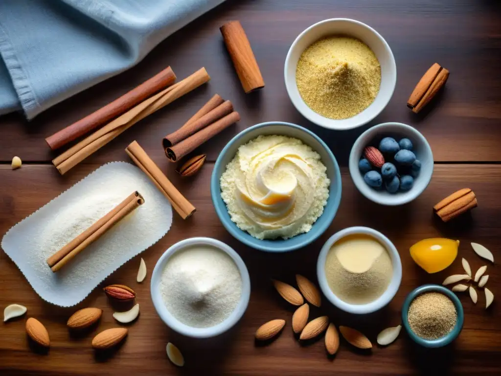 Una hermosa composición de ingredientes sin gluten sobre una mesa rústica para la receta de pan dulce sin gluten