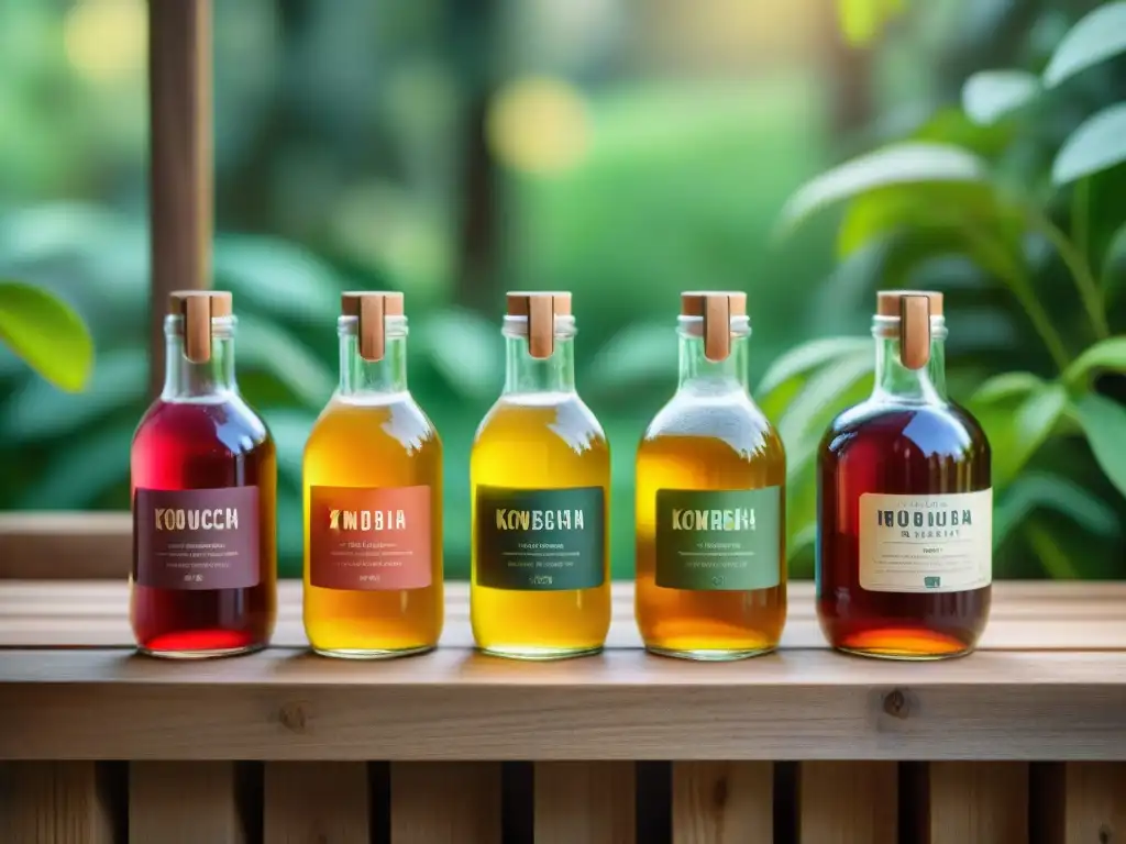 Una hermosa escena de botellas de Kombucha sin gluten, con etiquetas artesanales, en estantes de madera y rodeadas de vegetación exuberante