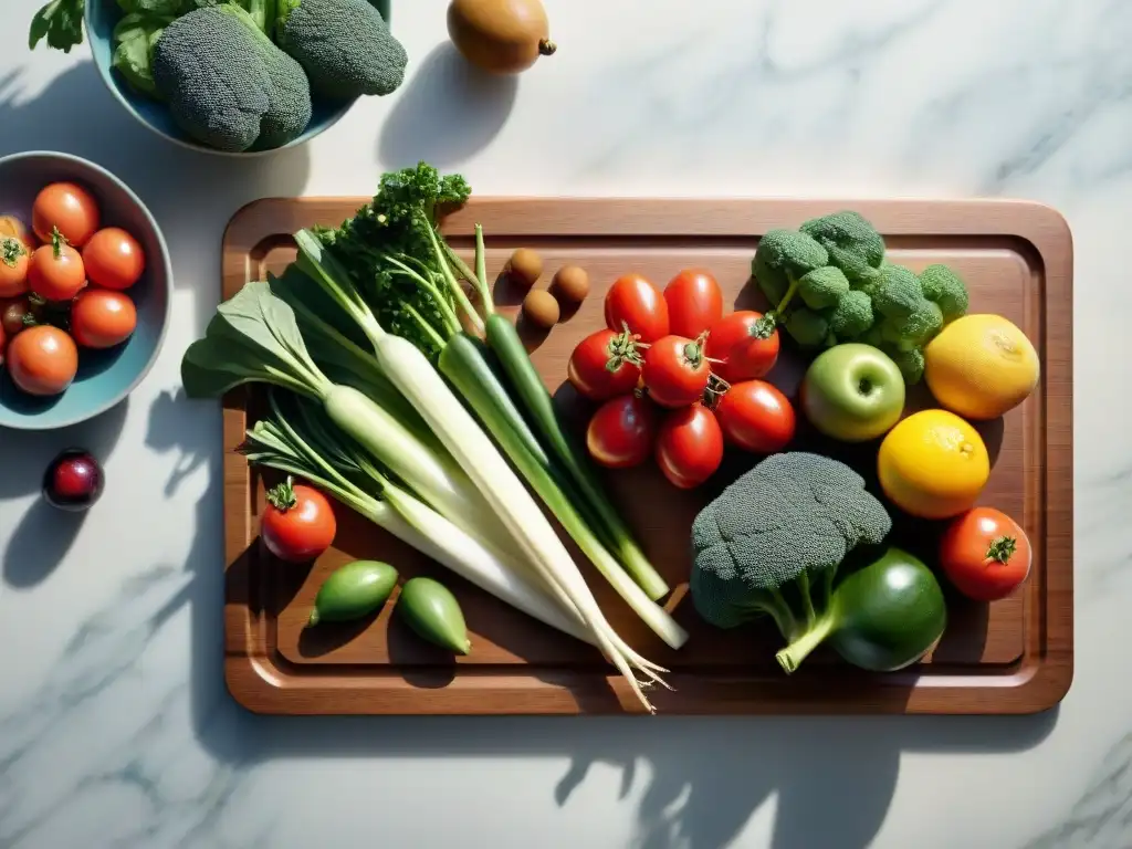 Una hermosa tabla de cortar de madera en una encimera de mármol con frutas y verduras frescas, transmitiendo limpieza y sofisticación culinaria