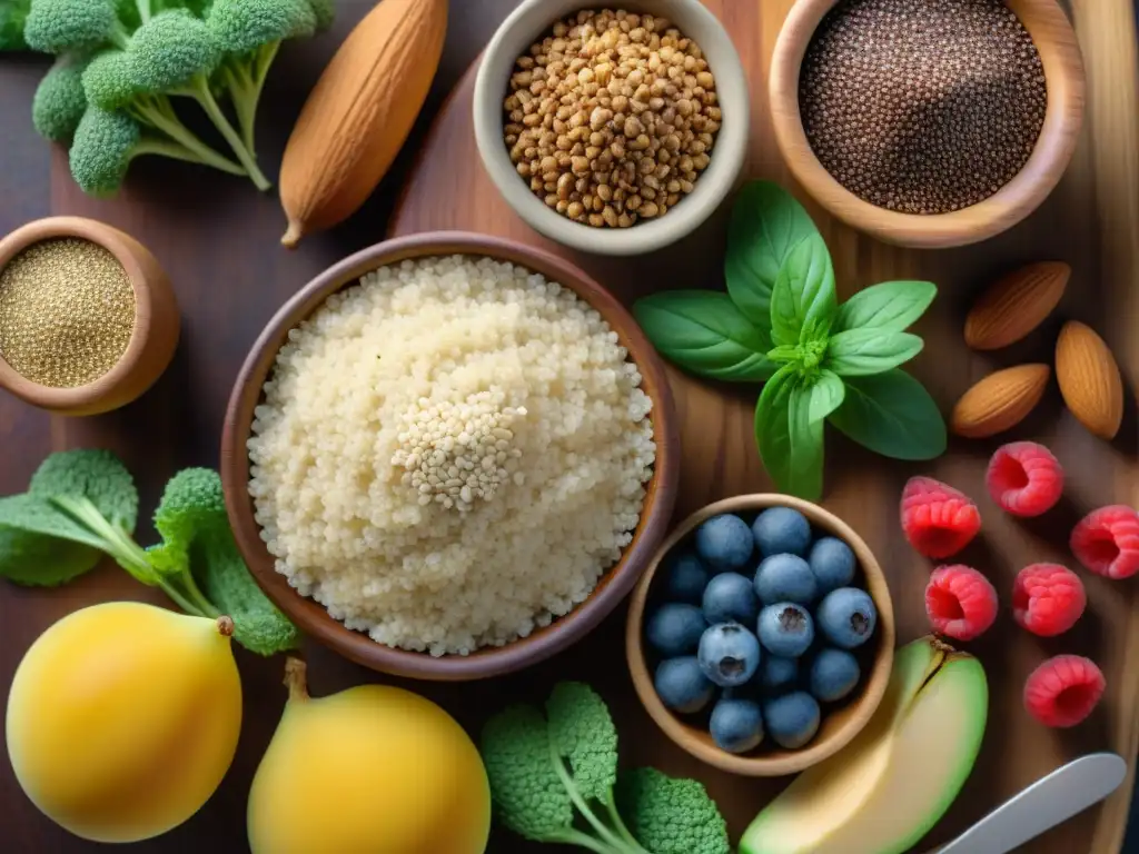 Una hermosa variedad de alimentos sin gluten y ricos en fibra, como quinoa, semillas de chía y almendras, en una tabla de madera