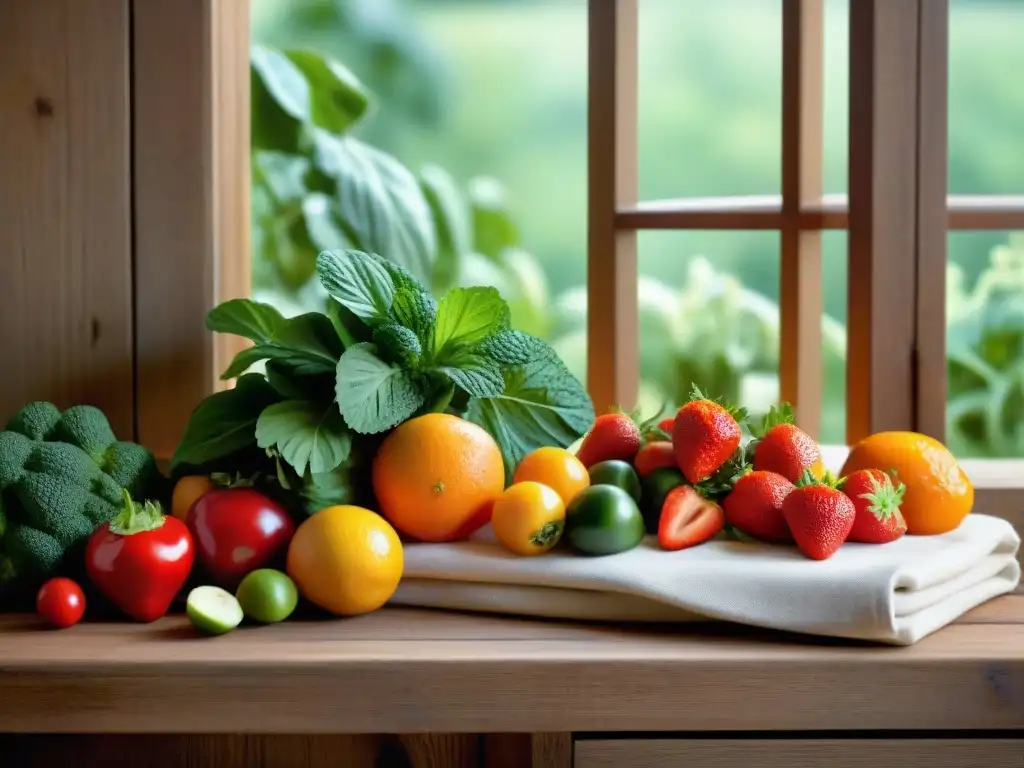 Una hermosa variedad de frutas y verduras sin gluten en una mesa rústica