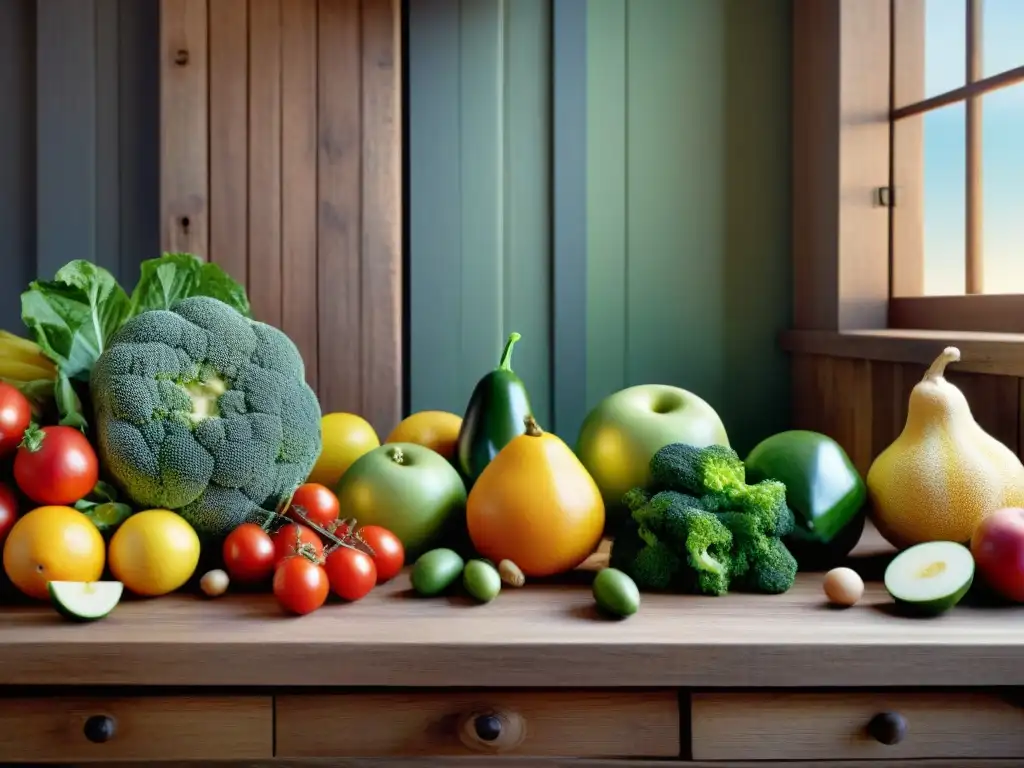 Una hermosa variedad de frutas y verduras frescas sin gluten, conservación alimentos sin gluten frescos en una mesa rústica de madera