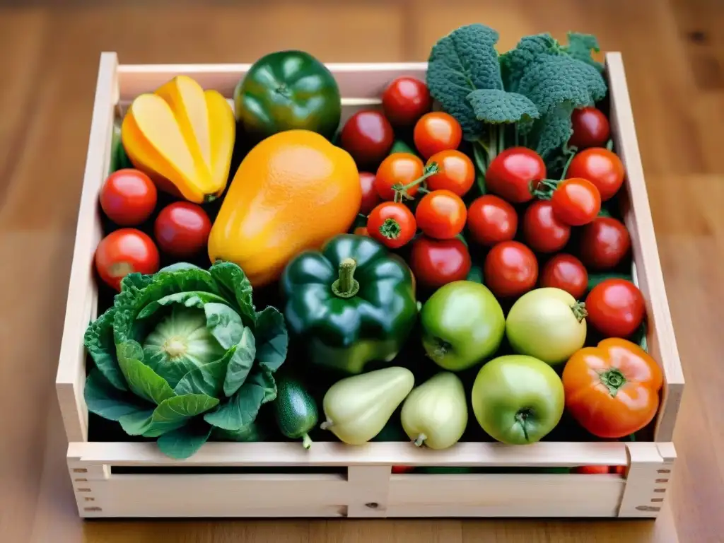 Una hermosa variedad de frutas y verduras frescas en una caja de madera, ideal para una dieta FODMAP baja en gluten