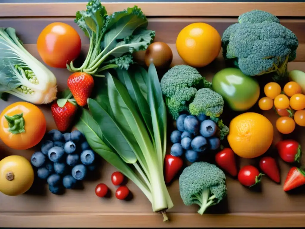 Una hermosa variedad de frutas y verduras frescas en una mesa de madera