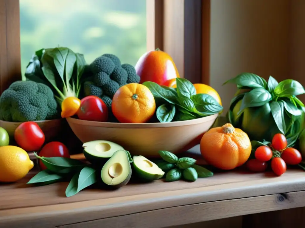 Una hermosa variedad de frutas y verduras frescas, ricas en vitaminas, sobre una mesa de madera rústica