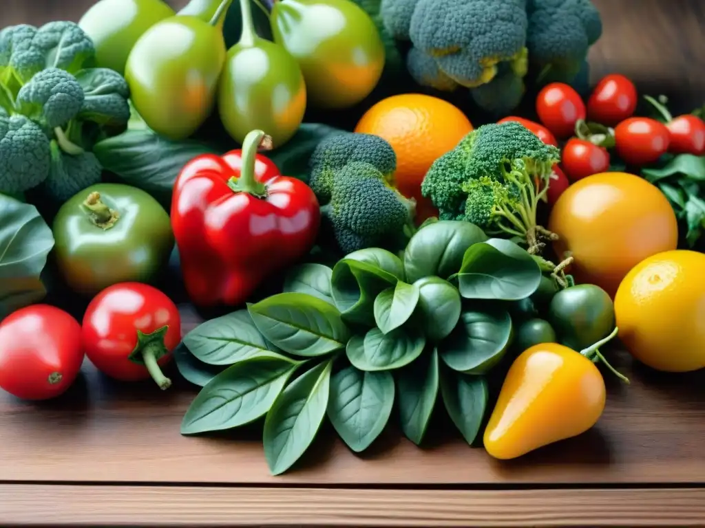 Una hermosa variedad de frutas y verduras orgánicas frescas, coloridas y saludables, en una mesa de madera