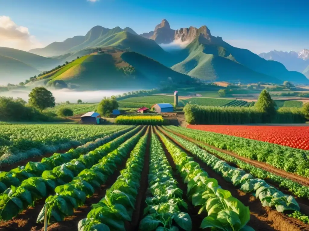 Un hermoso campo orgánico lleno de productos coloridos bajo el sol, certificados sin gluten