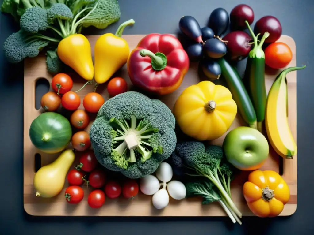 Un hermoso y detallado arreglo de frutas y verduras coloridas en una tabla de cortar de madera