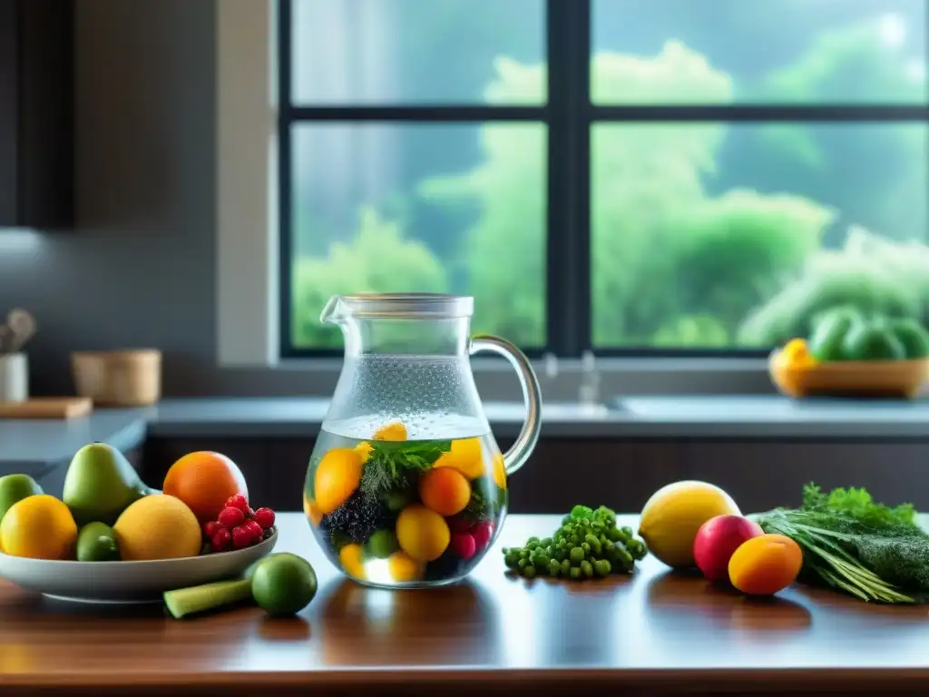 Un hermoso escenario de cocina con una mesa de madera decorada con frutas, verduras y granos coloridos, todo sin gluten