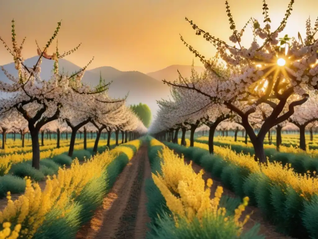 Un hermoso huerto de almendros al atardecer con almendras maduras y abejas polinizando