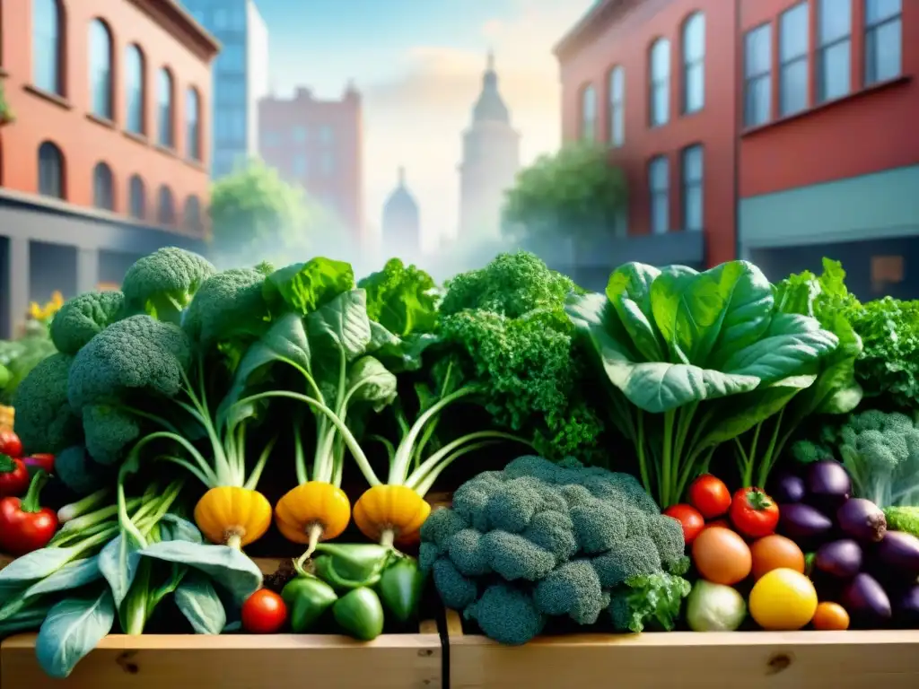 Un hermoso huerto urbano sin gluten rebosante de vegetales y hierbas coloridas, bañado por la luz del sol en una ciudad