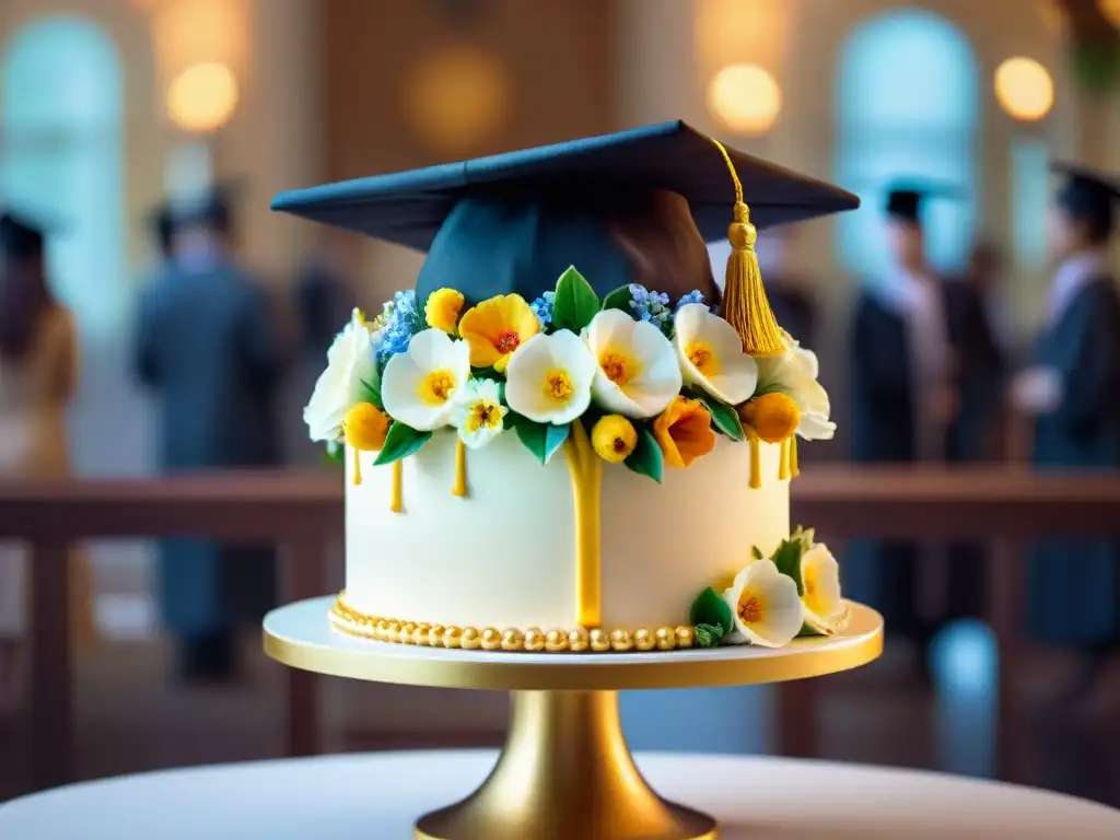 Hermoso pastel de graduación sin gluten, estilo sabor, con detalles de fondant, flores comestibles y acentos dorados