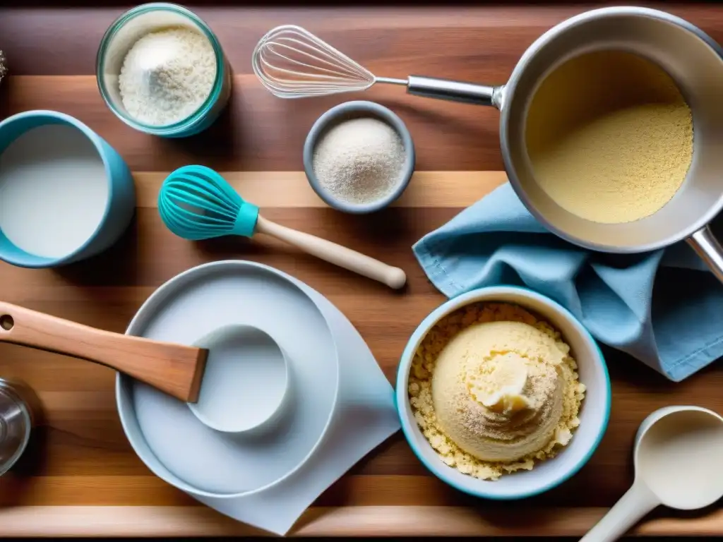 Herramientas de repostería sin gluten en estructuras firmes sobre encimera de madera en cocina iluminada con harina esparcida