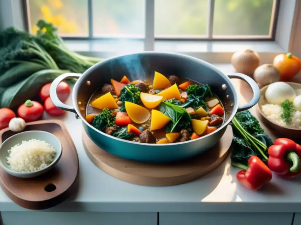 Un hogar acogedor con una olla de estofado de verduras humeante en la estufa, ingredientes frescos y luz solar cálida