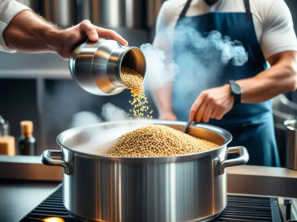 El hogar del cervecero: vertiendo granos sin gluten en olla de acero inoxidable con agua, capturando la esencia de la receta cerveza sin gluten casera