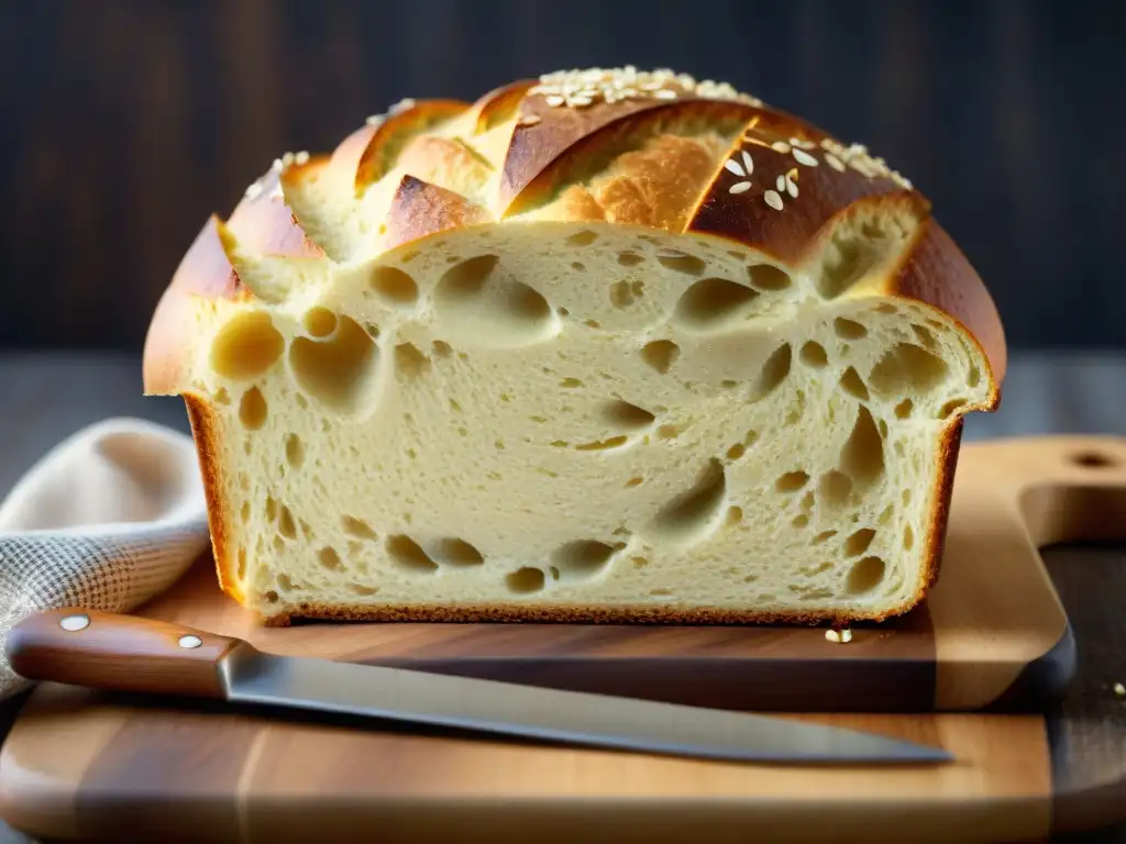 Una hogaza dorada de pan sin gluten recién horneado sobre tabla rústica