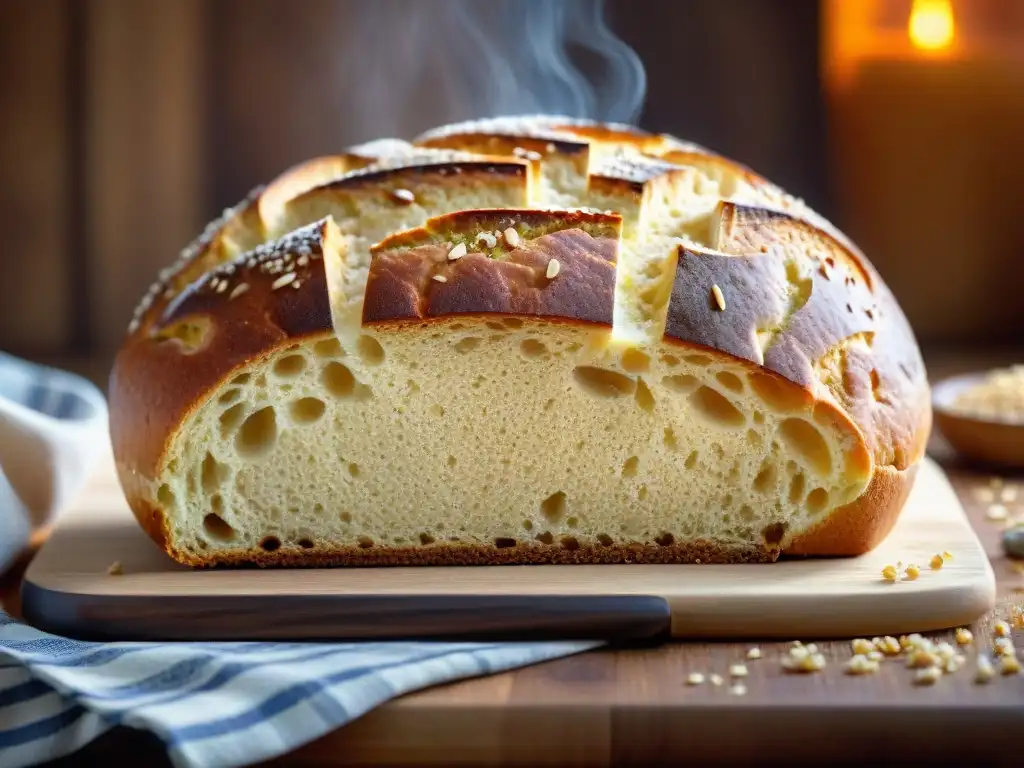 Una hogaza dorada de pan sin gluten recién horneado, rodeada de granos sin gluten en una tabla de madera rústica