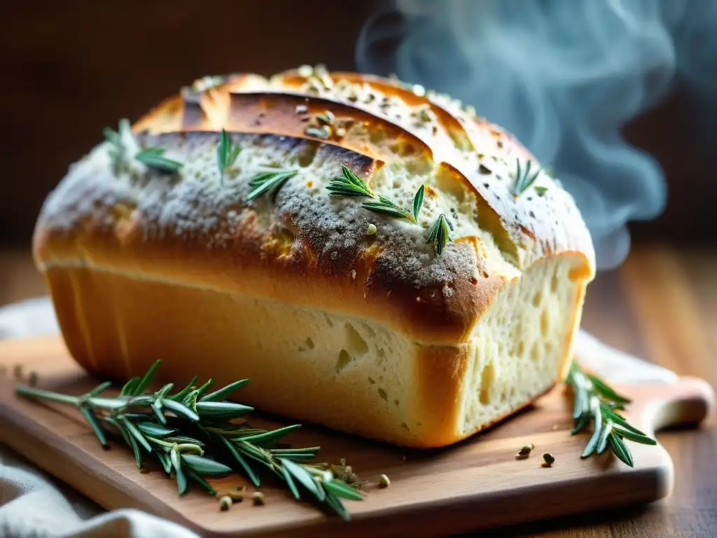 Una hogaza recién horneada sin gluten, con corteza dorada y semillas, sobre tabla de madera rústica