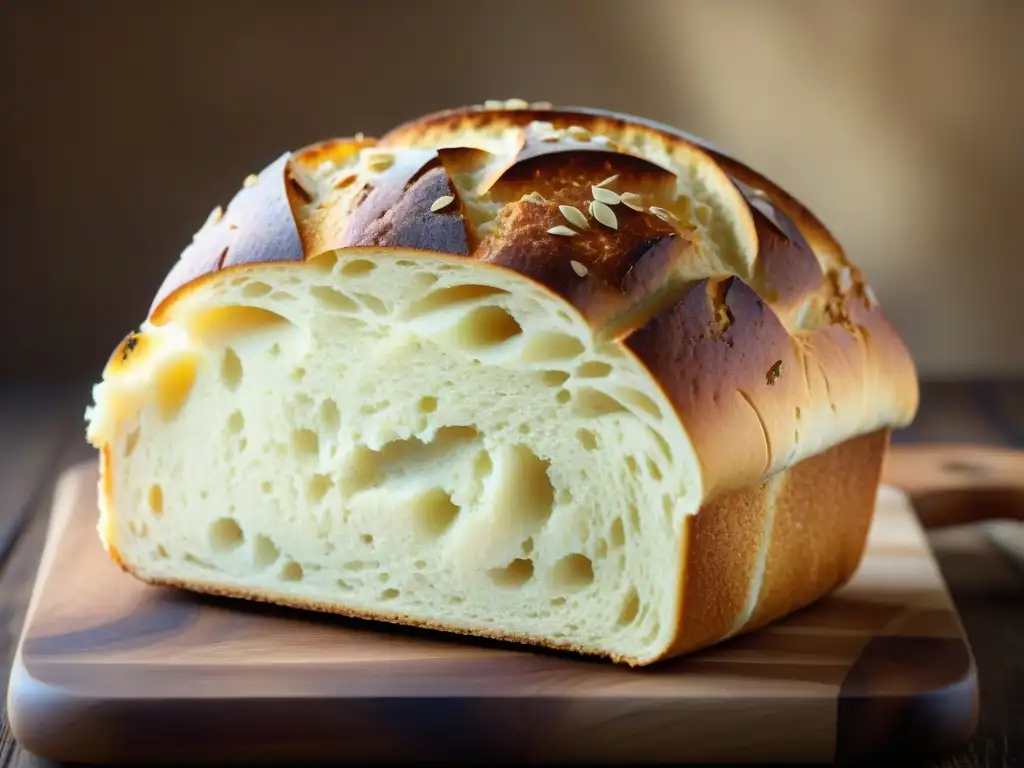 Una hogaza recién horneada de pan sin gluten, con una corteza dorada y crujiente, sobre tabla de madera rústica