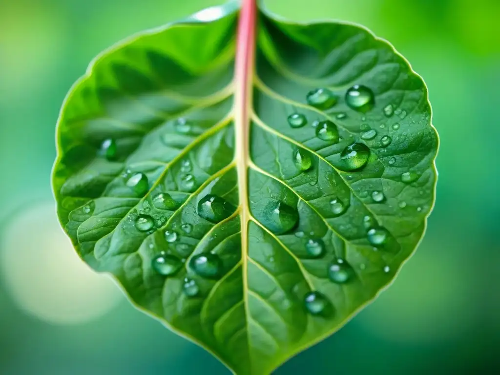 Una hoja de espinaca verde vibrante con gotas de rocío bajo la luz de la mañana