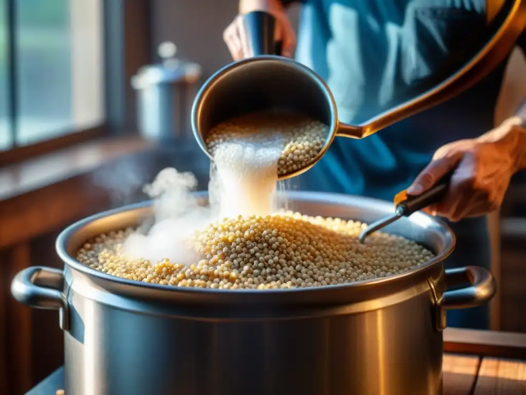 Un homebrewer vierte granos sin gluten en una olla de acero con agua hirviendo, creando cerveza casera sin gluten fermentada