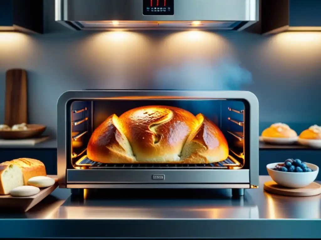 Un horno de convección de acero inoxidable moderno mostrando pan y pasteles sin gluten recién horneados