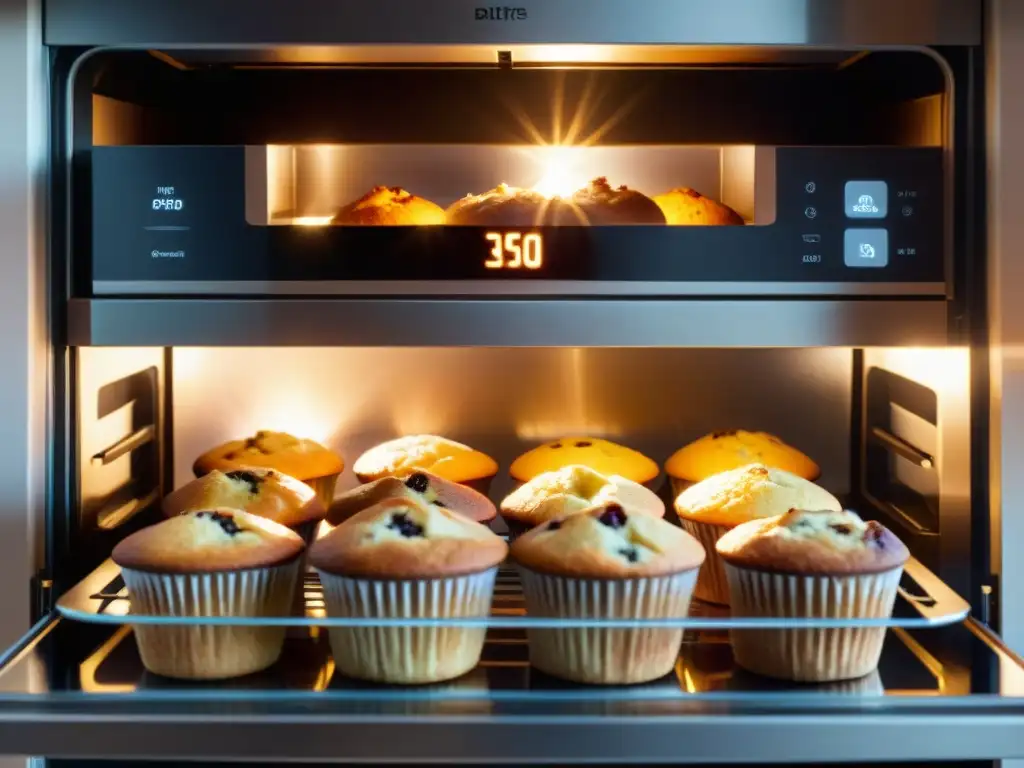 Un horno inteligente horneando muffins dorados sin gluten a 350°F, con la palabra 'PERFECCIÓN' brillando en la pantalla LED