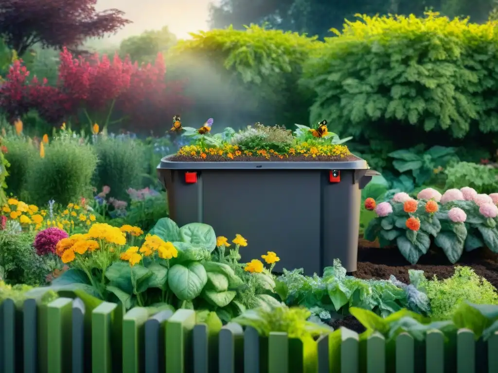 Un huerto exuberante con compostaje casero sin gluten: plantas vibrantes, abejas y mariposas entre flores coloridas