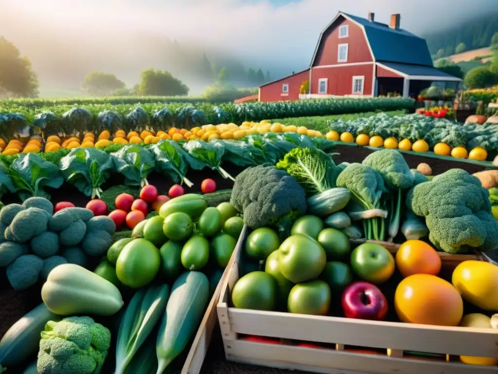 Un huerto sin gluten para cocinar: un jardín rebosante de frutas y verduras coloridas bajo el cálido sol, junto a una acogedora casa de campo