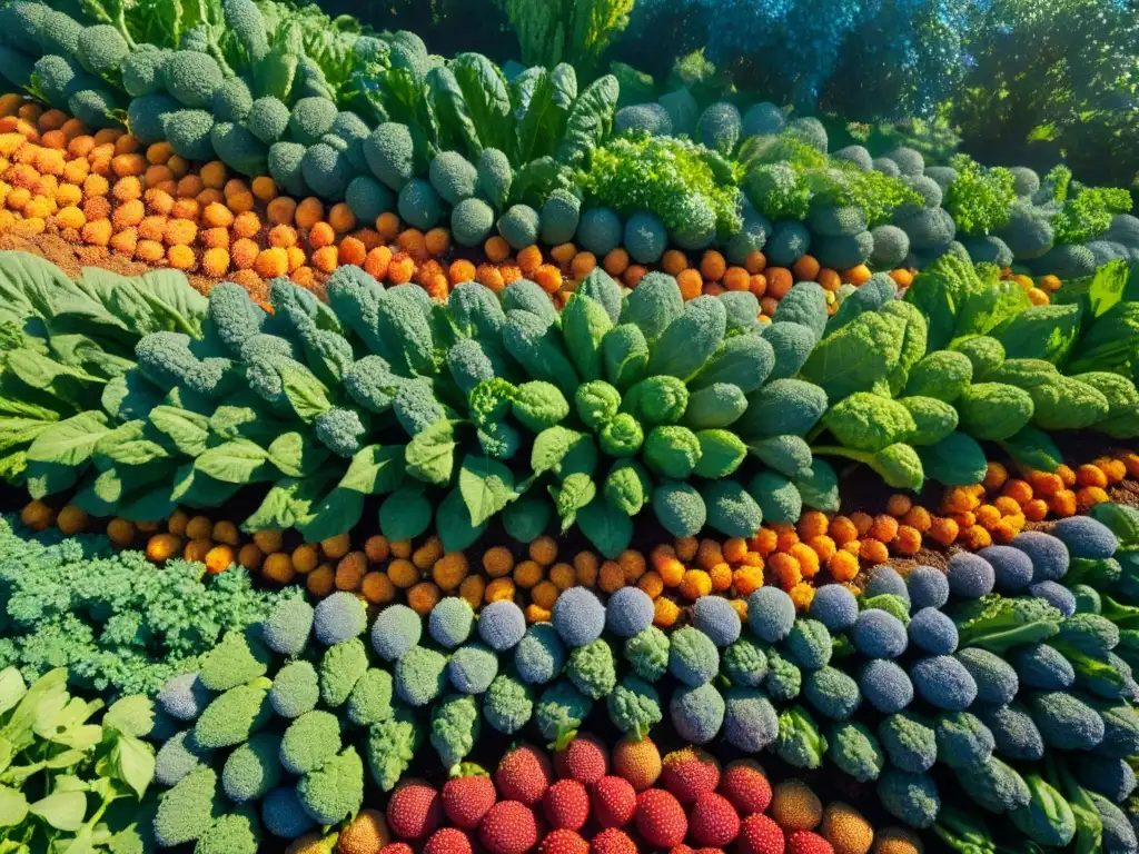 Un huerto sin gluten para cocinar rebosante de vida y coloridos vegetales, con abejas revoloteando y un arroyo serpenteante al fondo