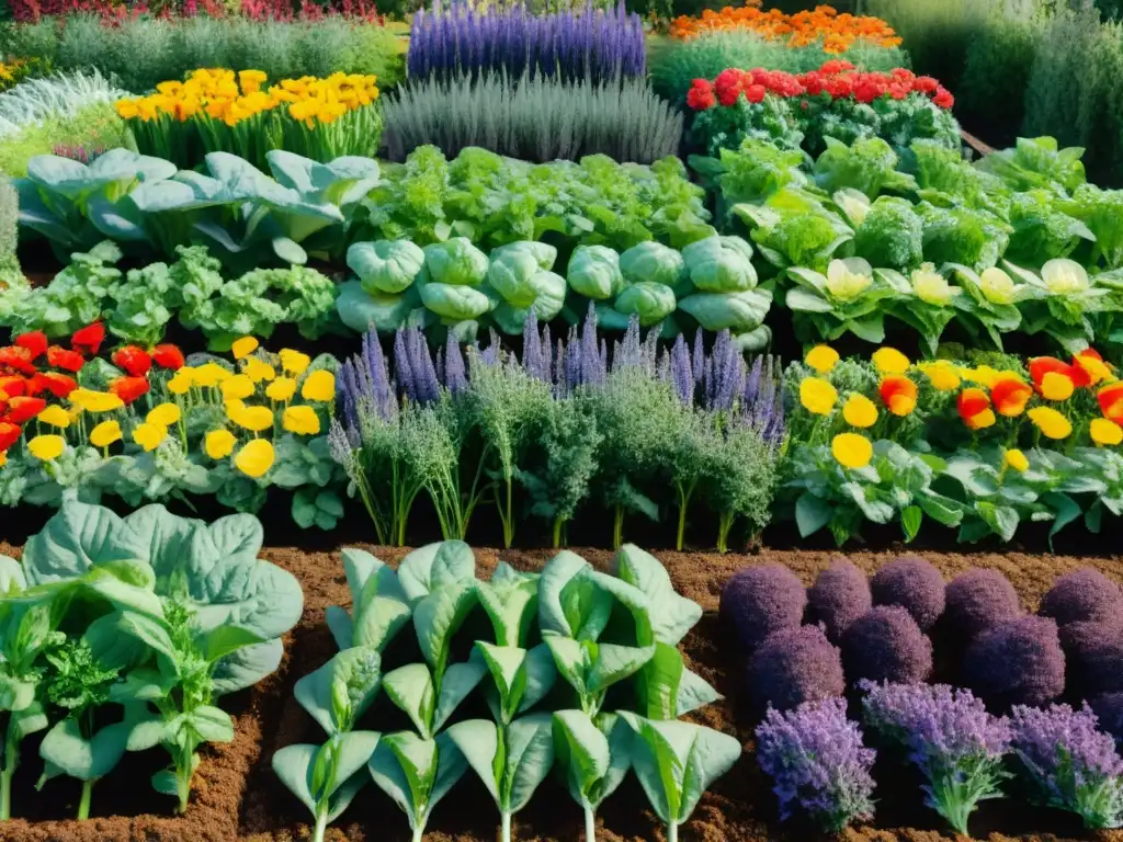 Un huerto sin gluten planificación rebosante de vida y color, con vegetales y hierbas organizados meticulosamente en filas