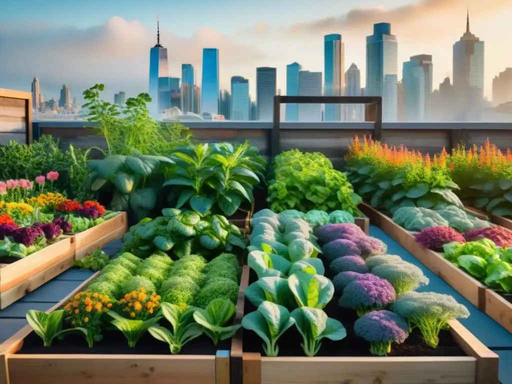 Un huerto urbano sin gluten rebosante de coloridas verduras y hierbas, bañado por la cálida luz del sol, en una azotea bulliciosa