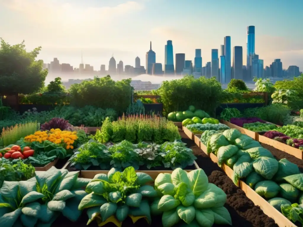 Un huerto urbano sin gluten sostenible rebosante de vida y coloridas hierbas y vegetales, con un telón de fondo de la ciudad al sol