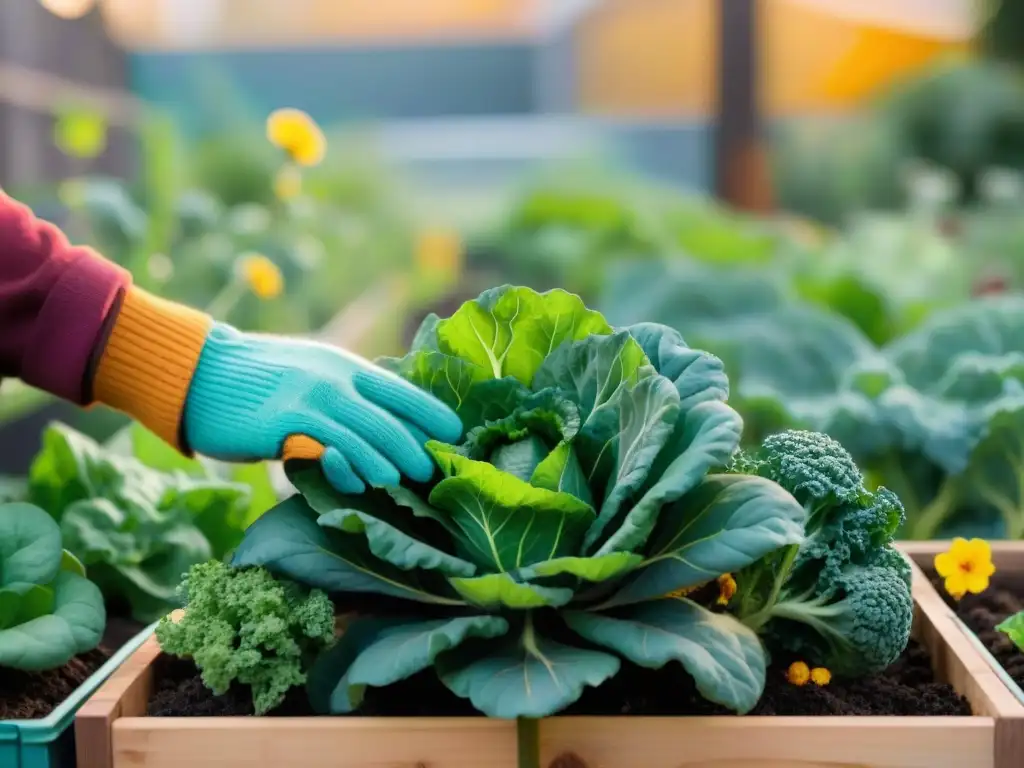 Un huerto urbano sin gluten sostenible rebosante de vida y armonía, donde una persona cuida tiernamente plantas de kale