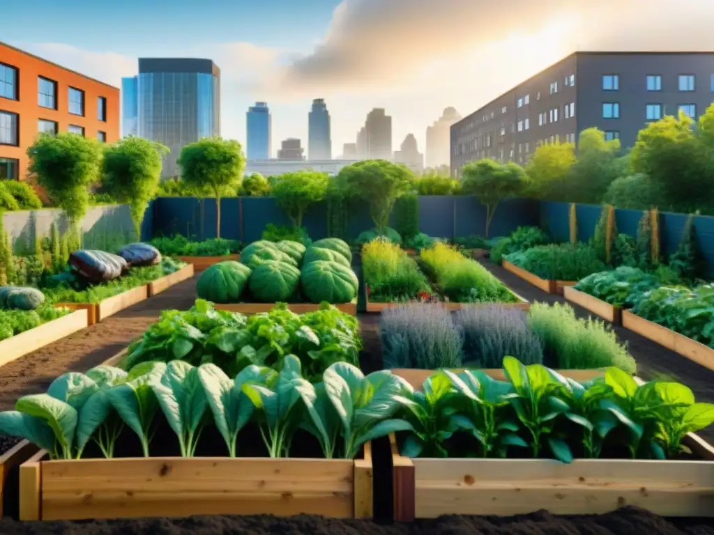 Un huerto urbano sin gluten sostenible rebosante de vida y color en medio de la ciudad