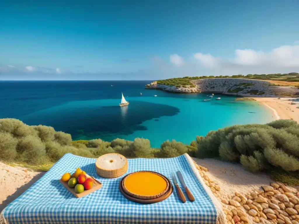 Idílica playa en Menorca con picnic sin gluten: frutas frescas, quesos locales y pan, junto a un barco de pesca menorquín en el horizonte