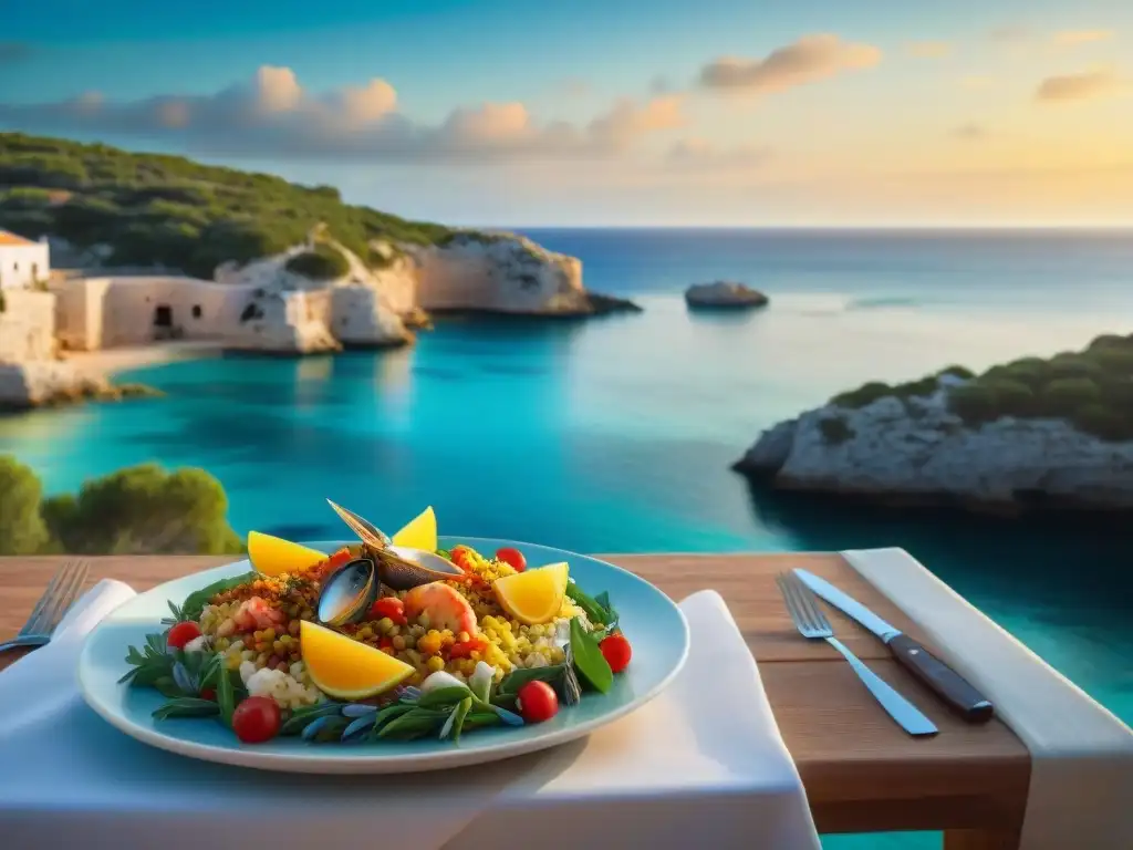 Un rincón idílico en Menorca: mesa con delicias sin gluten frente al mar Mediterráneo al atardecer