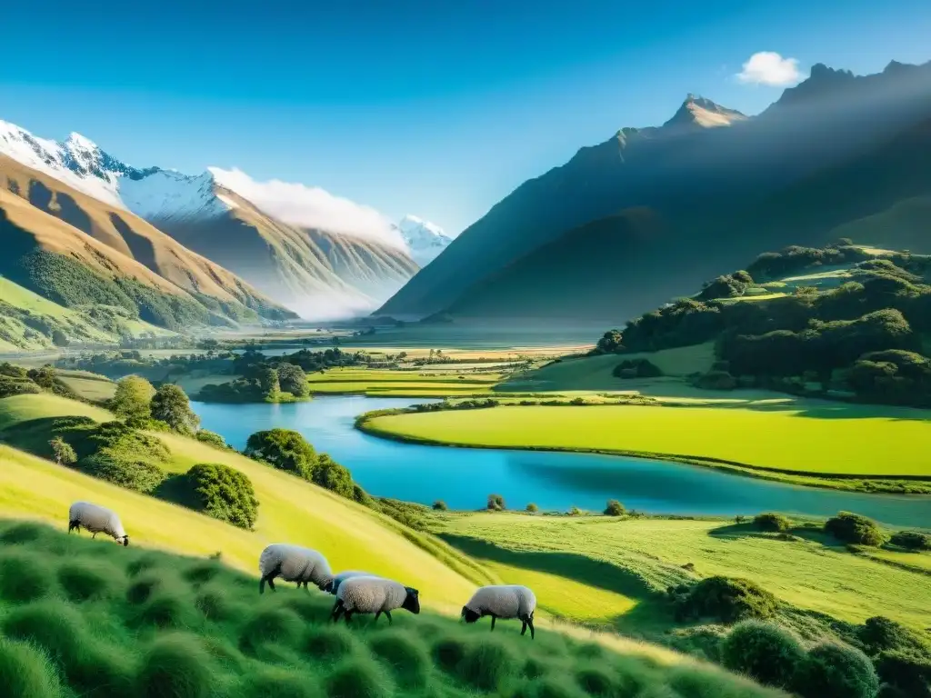 Idílico paisaje de Nueva Zelanda: colinas verdes, río cristalino y montañas nevadas bajo cielo azul