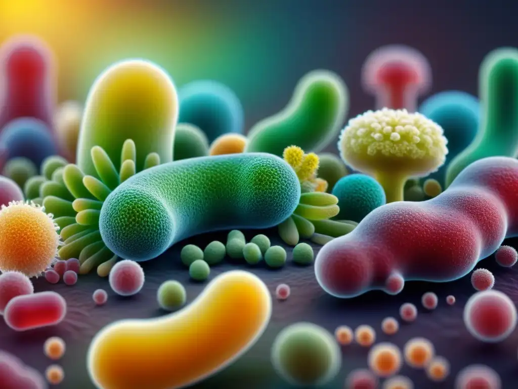 Una ilustración detallada de una diversidad de bacterias intestinales sanas, mostrando un ecosistema microbiótico vibrante y colorido