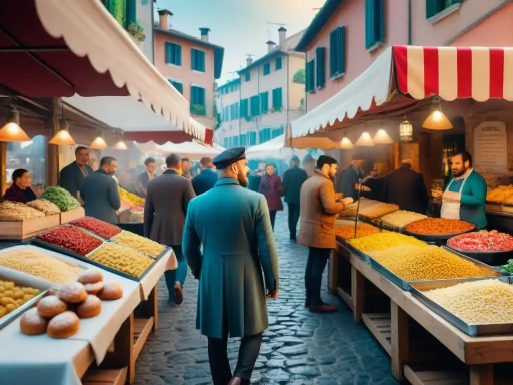 Imagen de un animado mercado de alimentos al aire libre en Italia, con deliciosos platillos sin gluten y una atmósfera acogedora