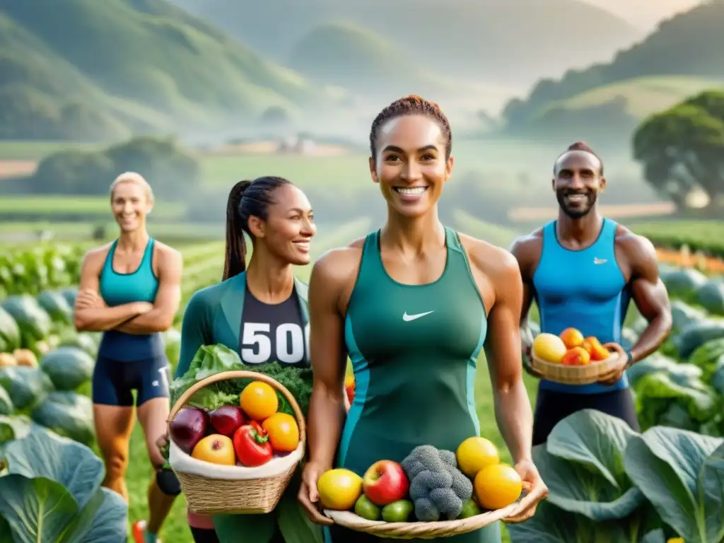 Una imagen de atletas élite con productos orgánicos sin gluten, destacando la conexión entre la alimentación saludable y el rendimiento deportivo