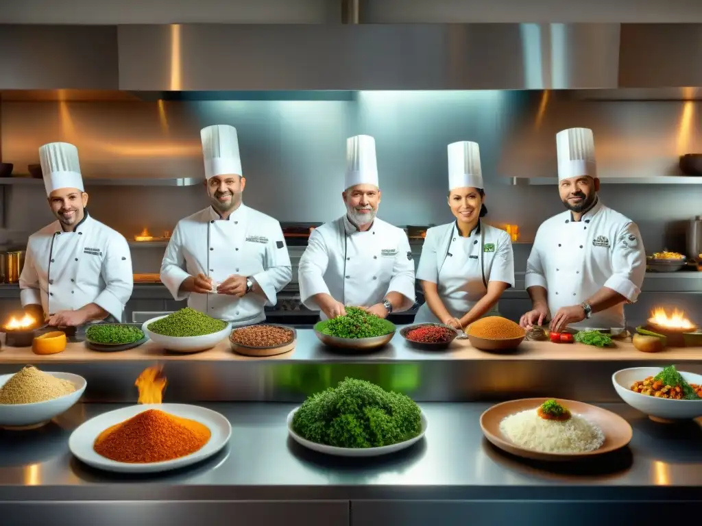 Una imagen de chefs de diversas culturas preparando productos gourmet sin gluten innovadores en una cocina elegante