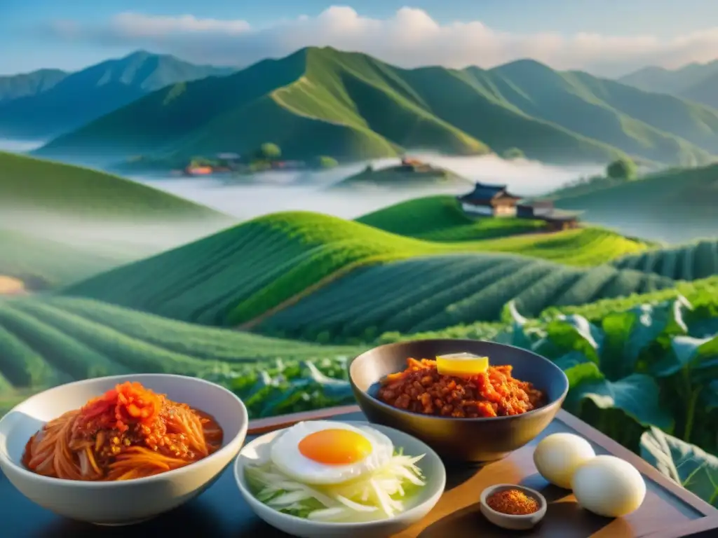 Imagen detallada de un amanecer sereno en el campo coreano, con una casa tradicional rodeada de campos verdes de col china para kimchi