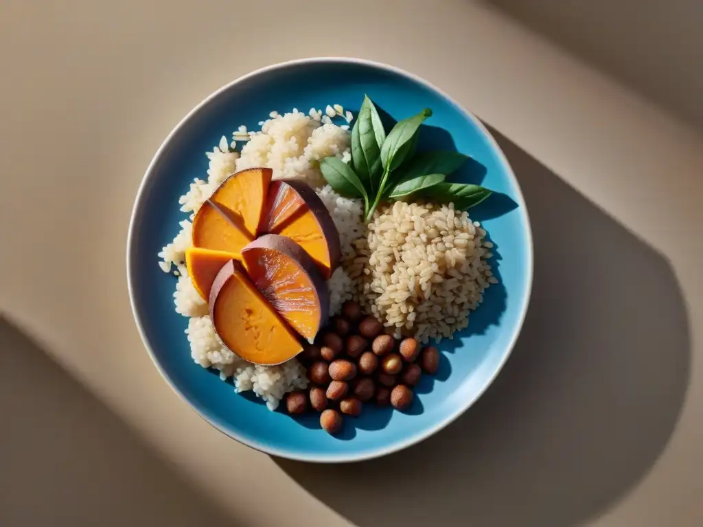 Una imagen detallada de carbohidratos sin gluten para deportistas: quinoa, batatas, lentejas y arroz integral en un elegante plato moderno